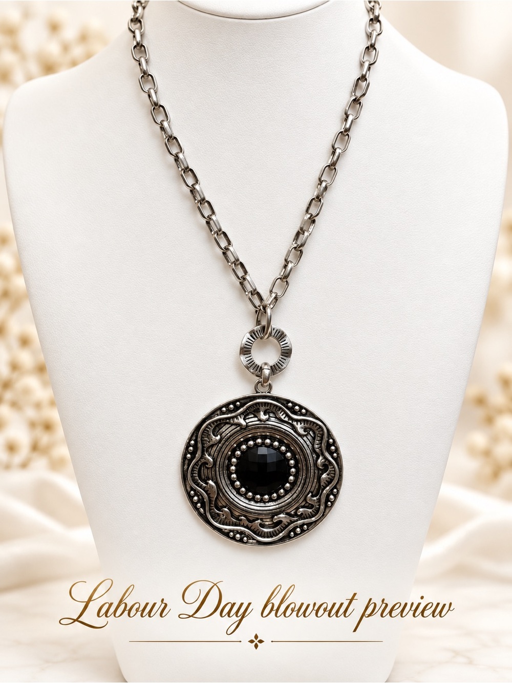 Silver-Tone Pendant Necklace with Black Center Stone